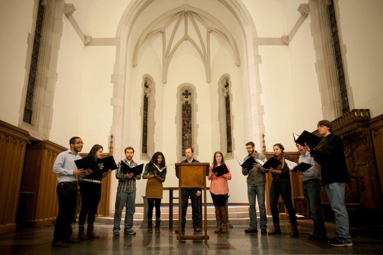 Group singing in Anabel Taylor Chapel