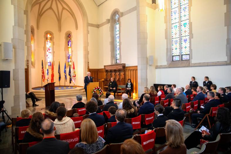 Group gathering in Anabel Taylor Chapel
