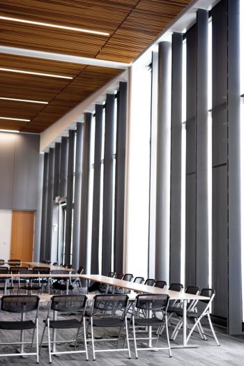 View of Toni Morrison Multipurpose room highlighting large wall of windows.