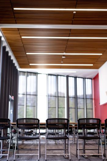 View of Toni Morrison Multipurpose room highlighting large wall of windows.