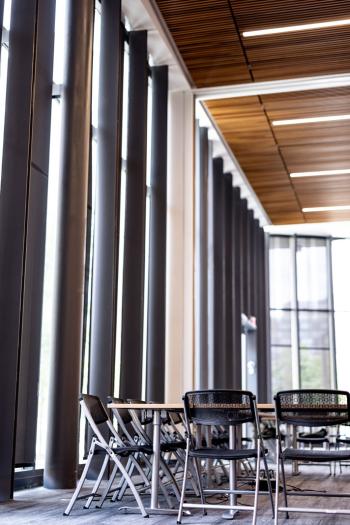 View of Toni Morrison Multipurpose room highlighting large wall of windows.