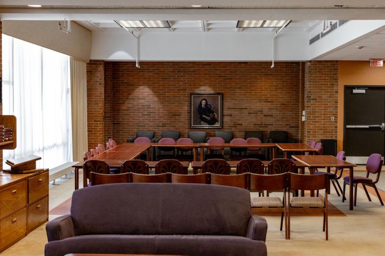 Wendy Purcell Lounge with couches, tables, and chairs for flexible space usage.