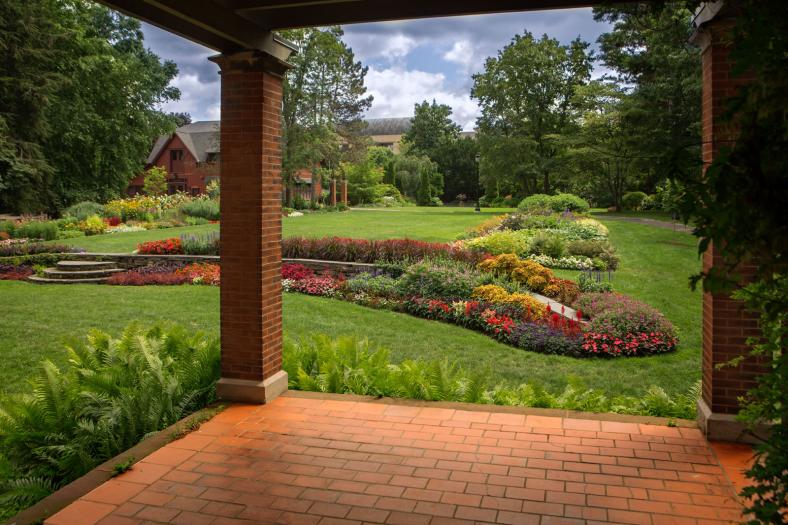View of the A.D. White House gardens rom the porch.