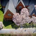 Exterior aerial view of Sage Chapel in spring. 