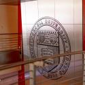 Stairway and Cornell seal in the Robert Purcell Community Center.
